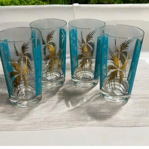 Teal and Gold Graphic Mid Century Glass Tumbler Set of 4
